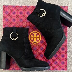 Tory Burch Black Ankle Booties with Gold Accents